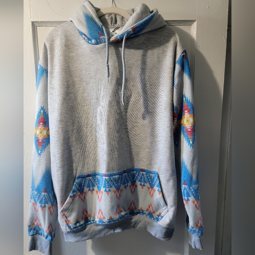 Native Gray Hoodie with Blue and Orange Pattern